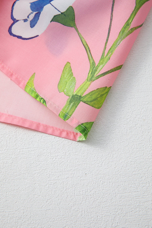 Floral Bloom Striped Trim Notched V Neck Puff Sleeve Blouse