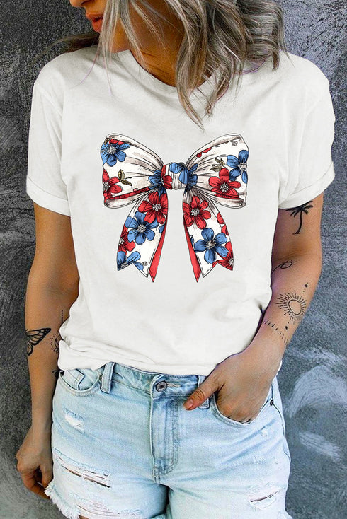 Floral Bow Graphic Short Sleeve Crew Neck Tee