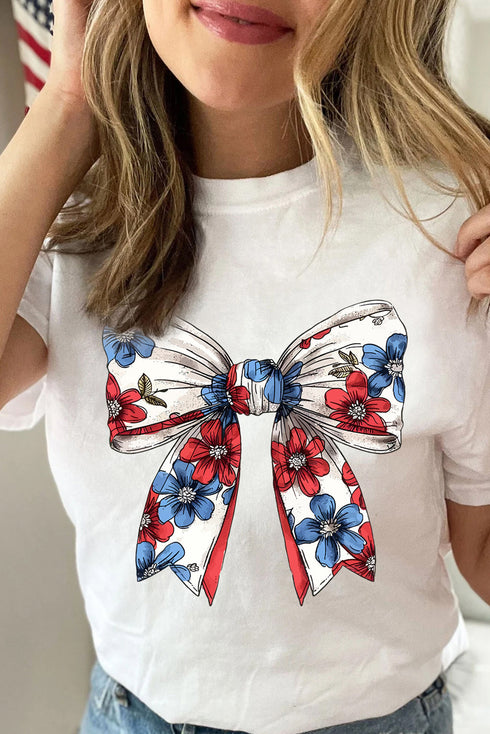 Floral Bow Graphic Short Sleeve Crew Neck Tee