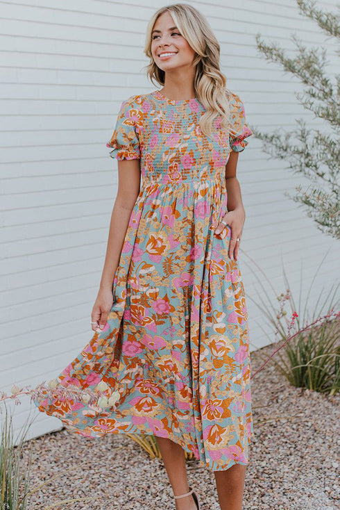 Floral Bubble Sleeve Smocked Flowy Ruffle Dress