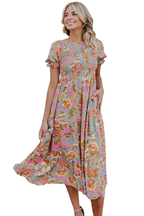 Floral Bubble Sleeve Smocked Flowy Ruffle Dress