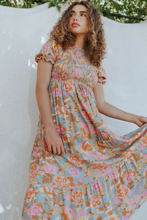 Floral Bubble Sleeve Smocked Flowy Ruffle Dress