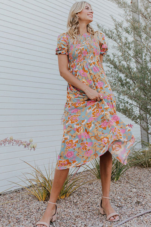 Floral Bubble Sleeve Smocked Flowy Ruffle Dress