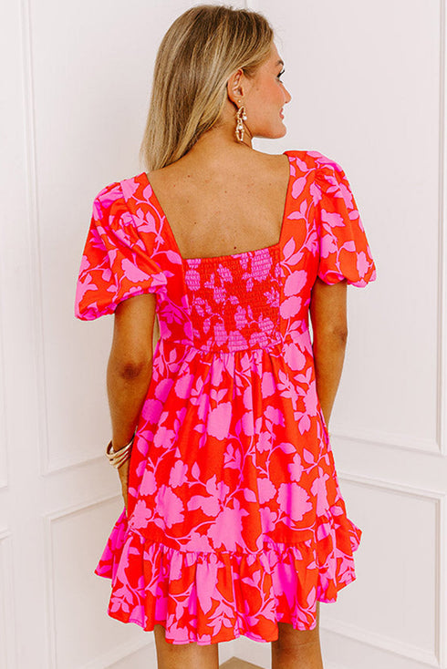 Floral Bubble Sleeve Sweetheart Neck Ruffled Mini Dress