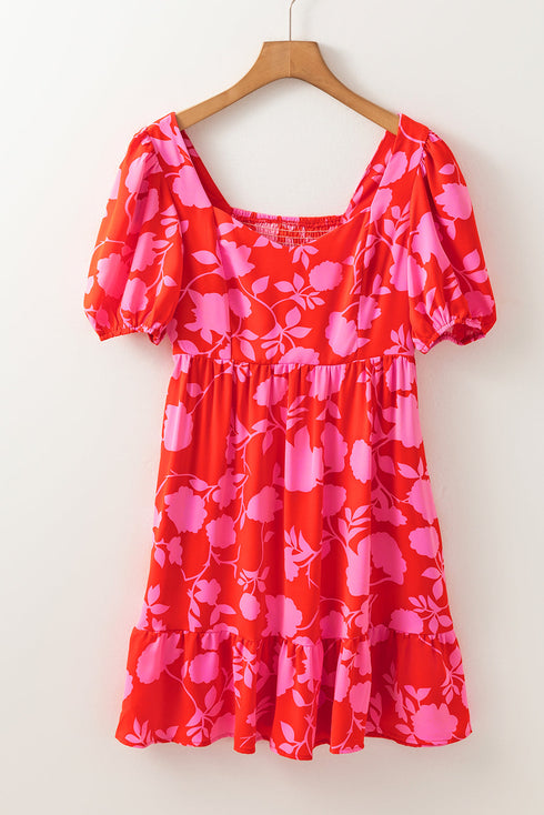 Floral Bubble Sleeve Sweetheart Neck Ruffled Mini Dress