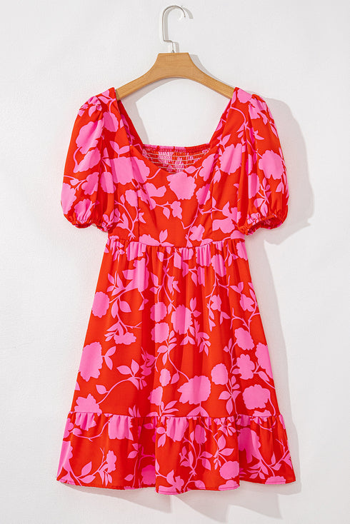 Floral Bubble Sleeve Sweetheart Neck Ruffled Mini Dress