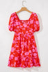 Floral Bubble Sleeve Sweetheart Neck Ruffled Mini Dress