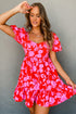 Floral Bubble Sleeve Sweetheart Neck Ruffled Mini Dress