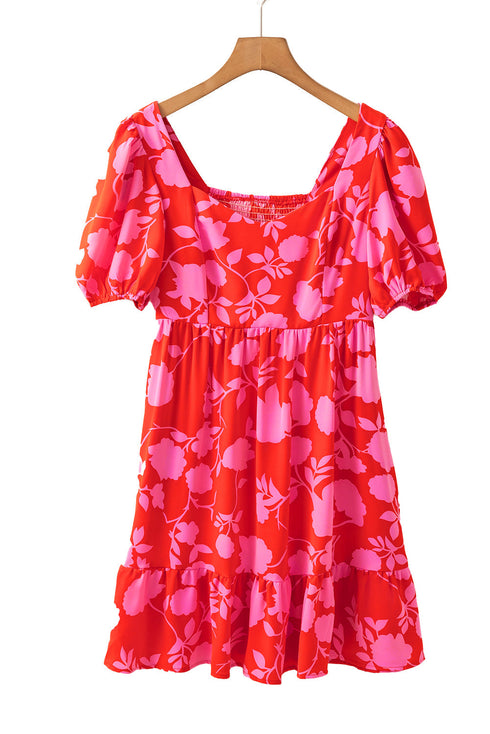 Floral Bubble Sleeve Sweetheart Neck Ruffled Mini Dress
