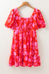 Floral Bubble Sleeve Sweetheart Neck Ruffled Mini Dress