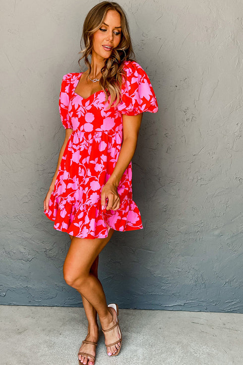 Floral Bubble Sleeve Sweetheart Neck Ruffled Mini Dress