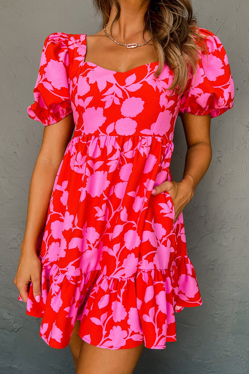 Floral Bubble Sleeve Sweetheart Neck Ruffled Mini Dress