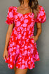 Floral Bubble Sleeve Sweetheart Neck Ruffled Mini Dress