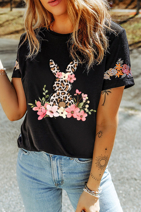 Floral Bunny Graphic Short Sleeve Crew Neck Tee