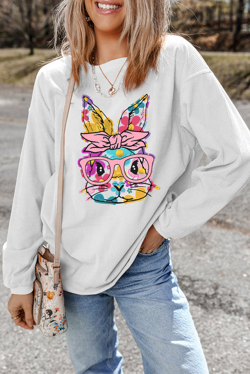 Floral Bunny Graphic Textured Corded Sweatshirt