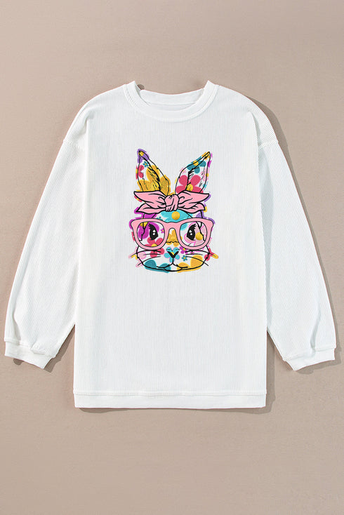 Floral Bunny Graphic Textured Corded Sweatshirt