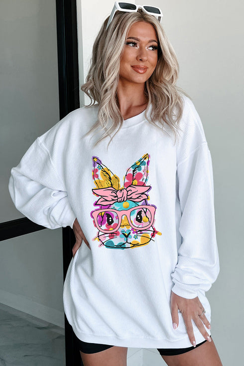 Floral Bunny Graphic Textured Corded Sweatshirt