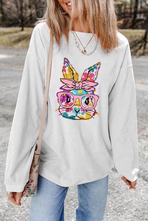 Floral Bunny Graphic Textured Corded Sweatshirt
