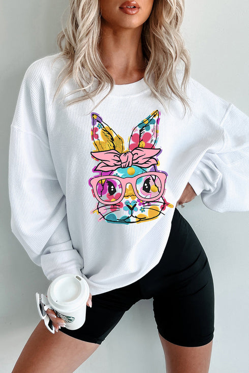 Floral Bunny Graphic Textured Corded Sweatshirt