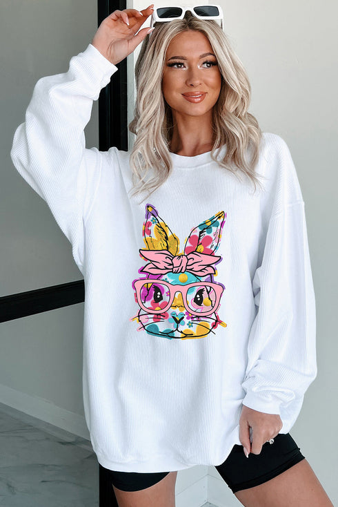 Floral Bunny Graphic Textured Corded Sweatshirt