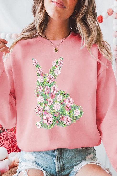 Floral Bunny Silhouette Crew Neck Pullover Sweatshirt