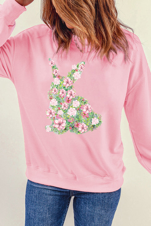 Floral Bunny Silhouette Crew Neck Pullover Sweatshirt