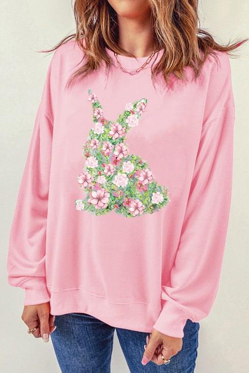 Floral Bunny Silhouette Crew Neck Pullover Sweatshirt