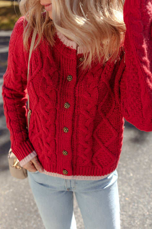Floral Button Cable Knit Contrast Trim Cardigan