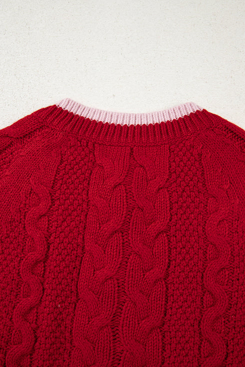 Floral Button Cable Knit Contrast Trim Cardigan