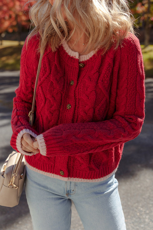 Floral Button Cable Knit Contrast Trim Cardigan