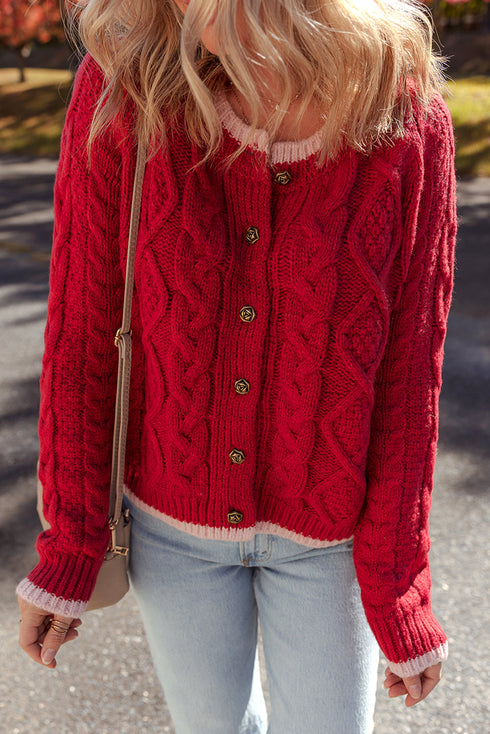 Floral Button Cable Knit Contrast Trim Cardigan