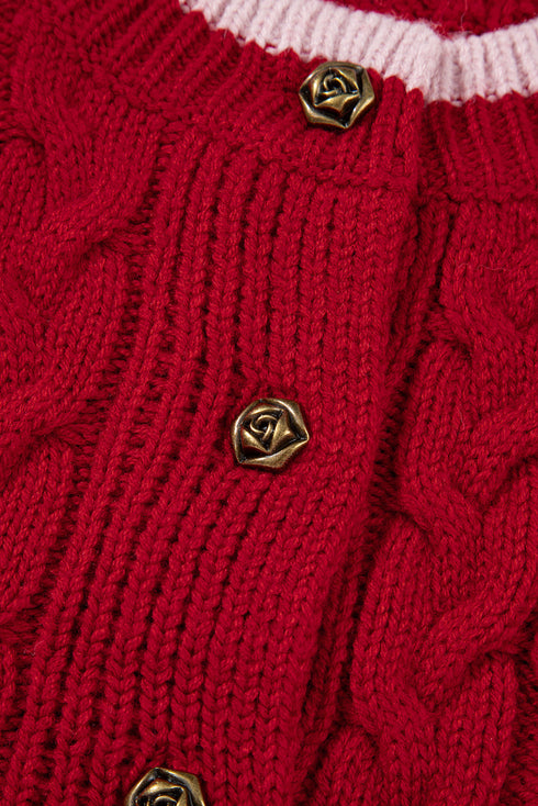 Floral Button Cable Knit Contrast Trim Cardigan