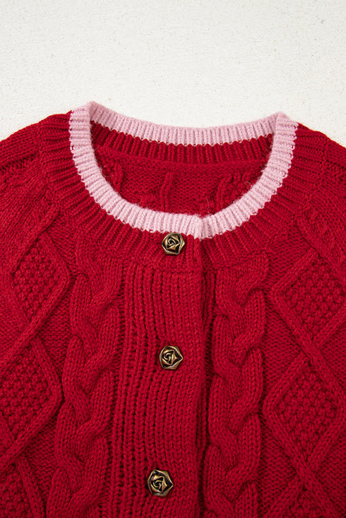 Floral Button Cable Knit Contrast Trim Cardigan