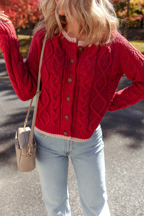 Floral Button Cable Knit Contrast Trim Cardigan