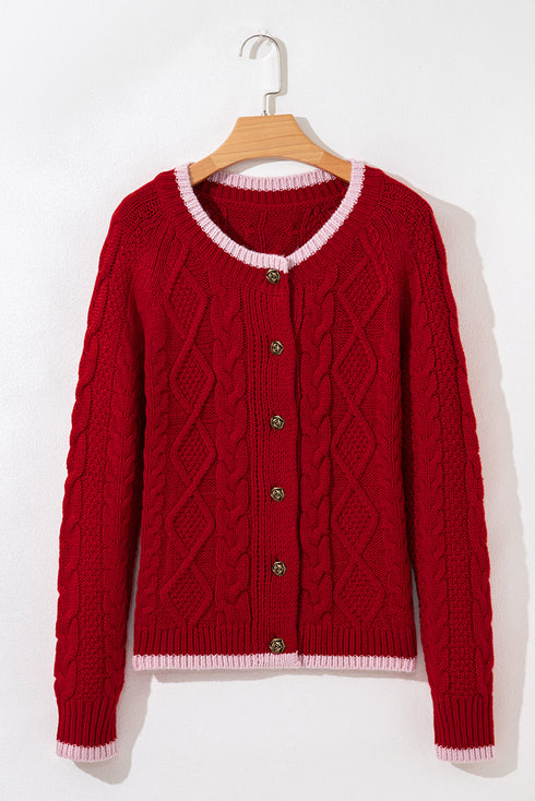 Floral Button Cable Knit Contrast Trim Cardigan