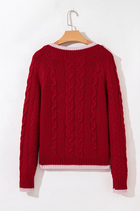 Floral Button Cable Knit Contrast Trim Cardigan
