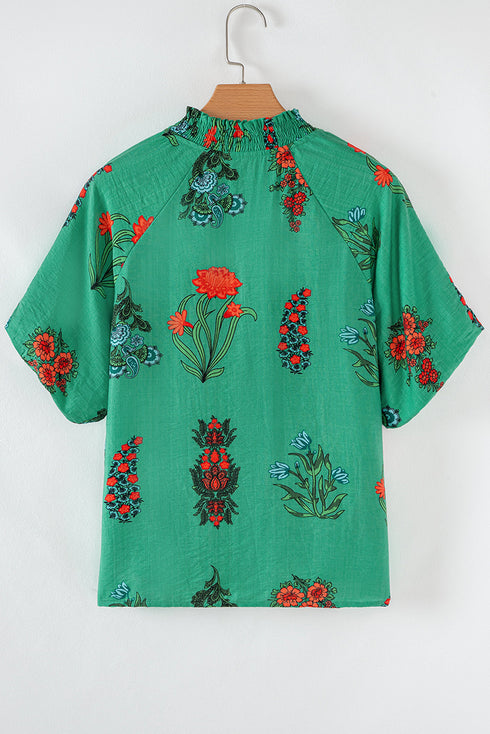 Floral Button Front Short Sleeve V Neck Blouse