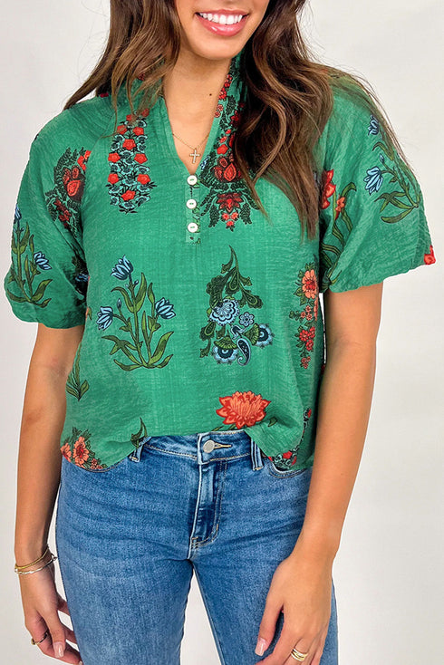 Floral Button Front Short Sleeve V Neck Blouse