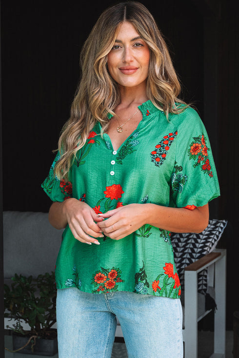 Floral Button Front Short Sleeve V Neck Blouse