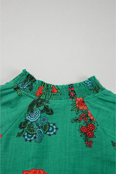 Floral Button Front Short Sleeve V Neck Blouse