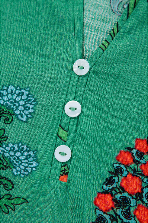 Floral Button Front Short Sleeve V Neck Blouse