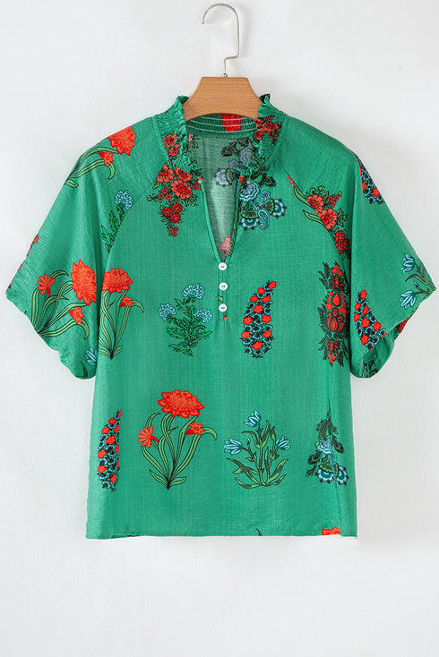 Floral Button Front Short Sleeve V Neck Blouse