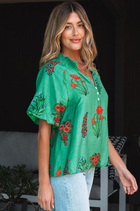 Floral Button Front Short Sleeve V Neck Blouse