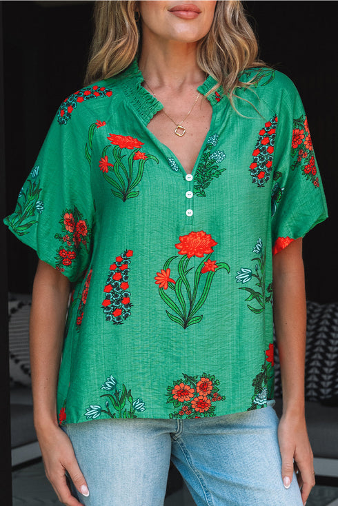 Floral Button Front Short Sleeve V Neck Blouse