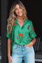 Floral Button Front Short Sleeve V Neck Blouse
