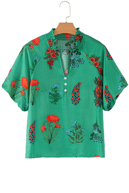 Floral Button Front Short Sleeve V Neck Blouse