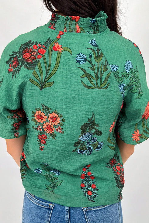 Floral Button Front Short Sleeve V Neck Blouse