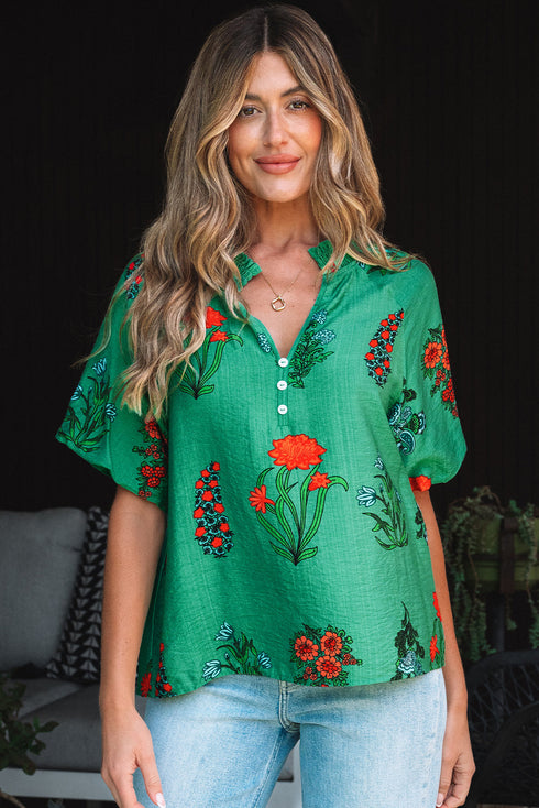 Floral Button Front Short Sleeve V Neck Blouse