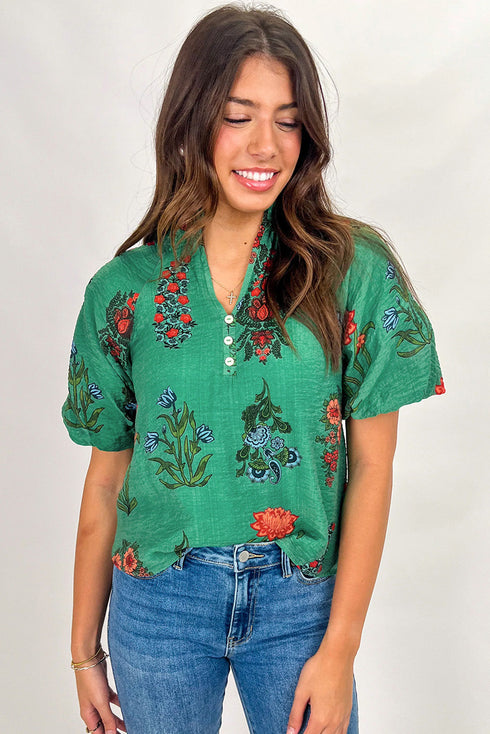 Floral Button Front Short Sleeve V Neck Blouse