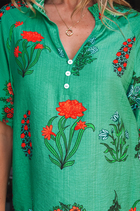 Floral Button Front Short Sleeve V Neck Blouse